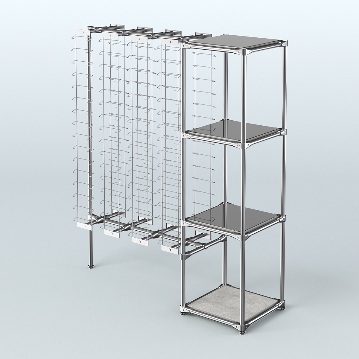 Хромированный стенд для продажи очков ЛИНИЯ №1-4-Д24 с зеркальными полками 4 мм Метрополитан Грей