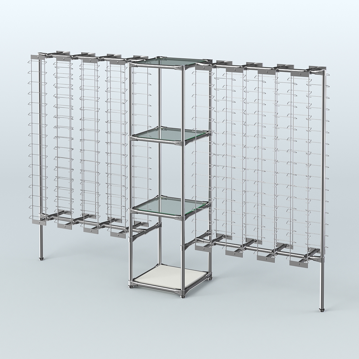 Хромированный стенд для продажи очков ЛИНИЯ №2-1-Д24 с полками стекло 6 мм Белый
