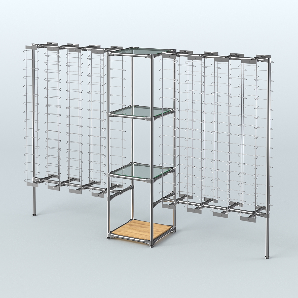 Хромированный стенд для продажи очков ЛИНИЯ №2-1-Д24 с полками стекло 6 мм Дуб Золотистый