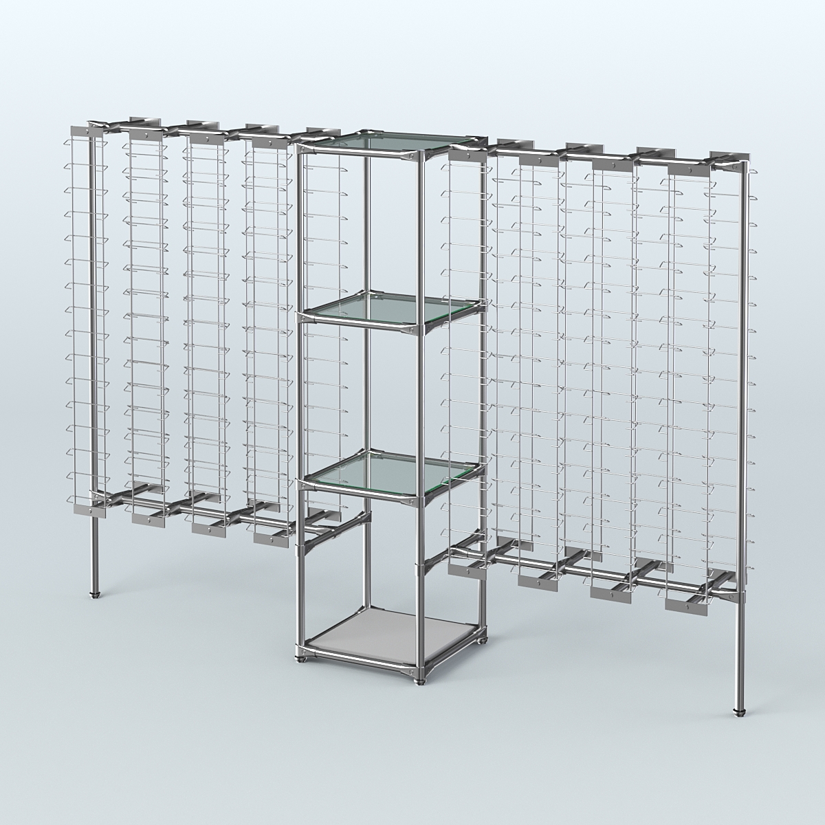 Хромированный стенд для продажи очков ЛИНИЯ №2-1-Д24 с полками стекло 6 мм Серый