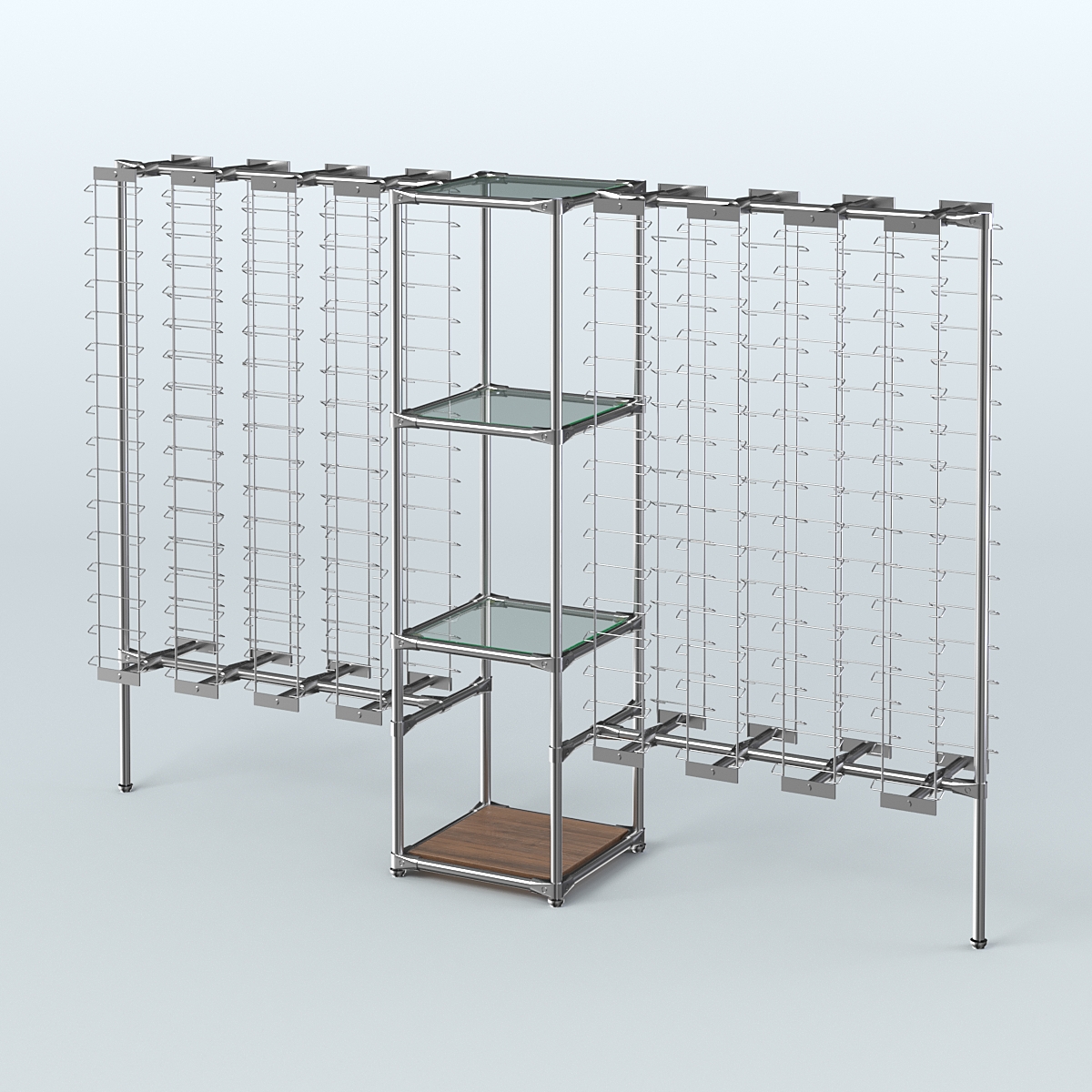 Хромированный стенд для продажи очков ЛИНИЯ №2-1-Д24 с полками стекло 6 мм Орех
