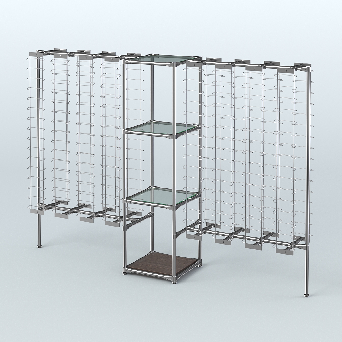 Хромированный стенд для продажи очков ЛИНИЯ №2-1-Д24 с полками стекло 6 мм Дуб Венге