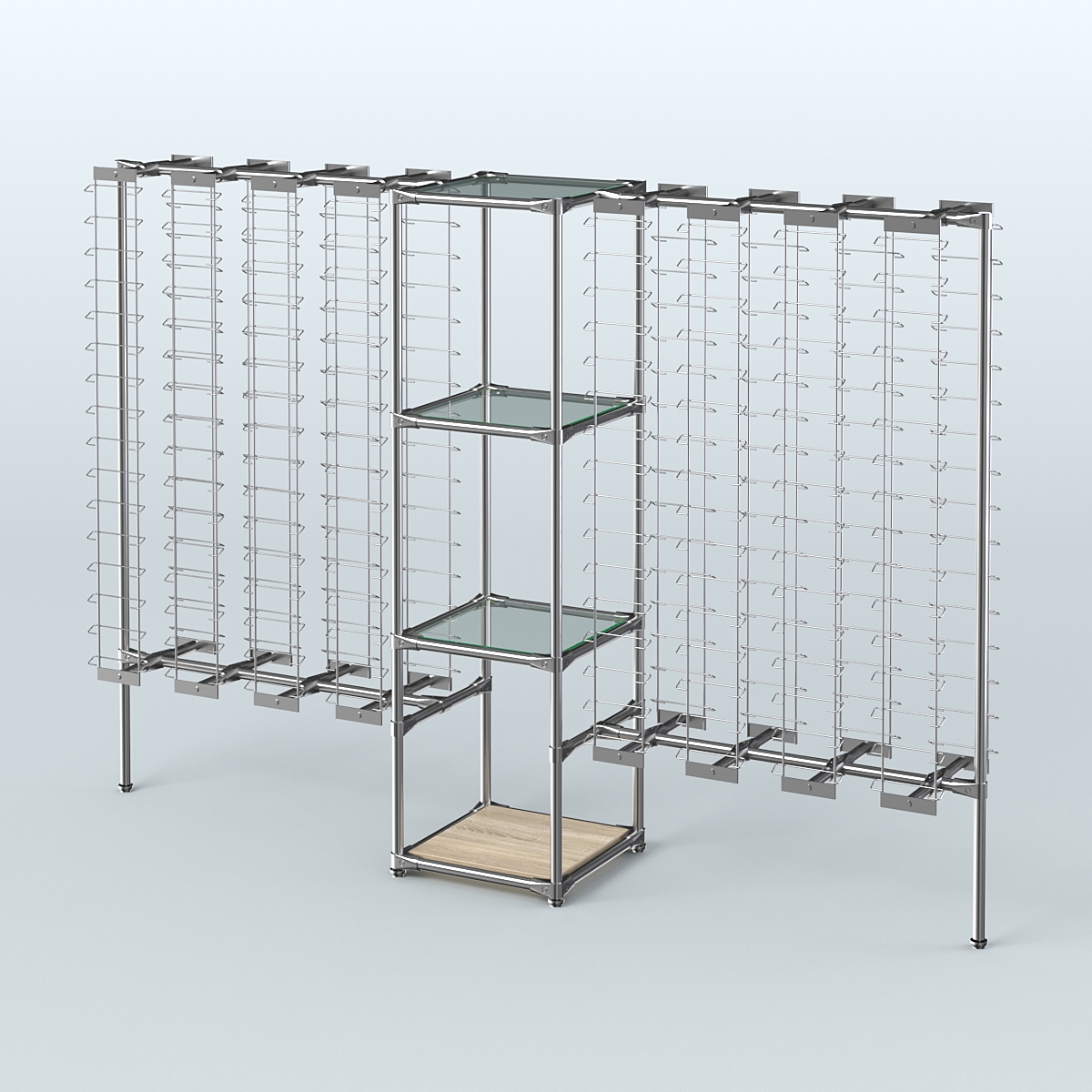 Хромированный стенд для продажи очков ЛИНИЯ №2-1-Д24 с полками стекло 6 мм Дуб сонома
