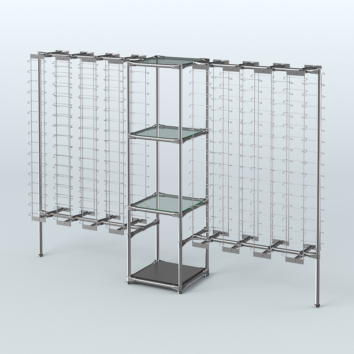 Хромированный стенд для продажи очков ЛИНИЯ №2-1-Д24 с полками стекло 6 мм Черный