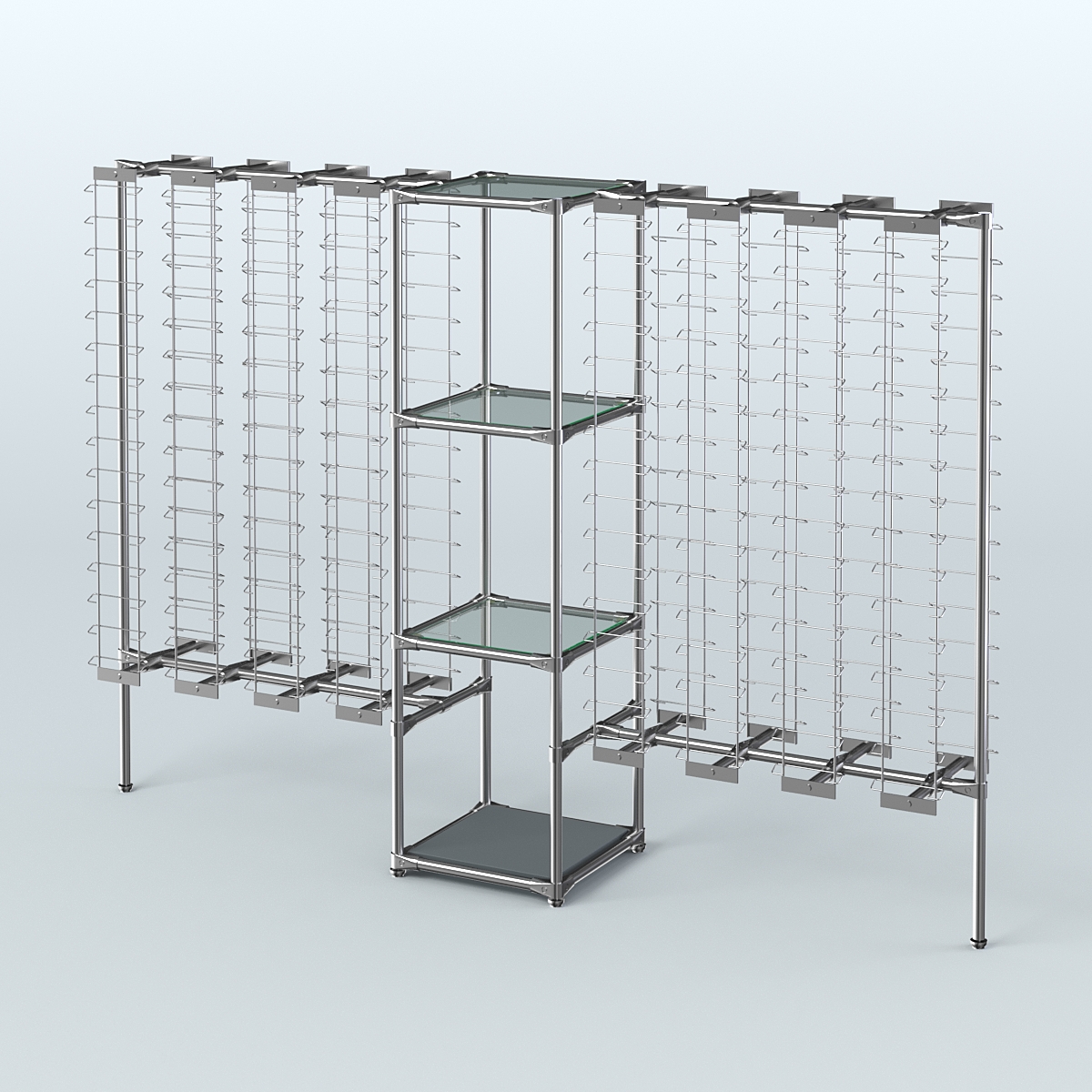 Хромированный стенд для продажи очков ЛИНИЯ №2-1-Д24 с полками стекло 6 мм Темно-Серый