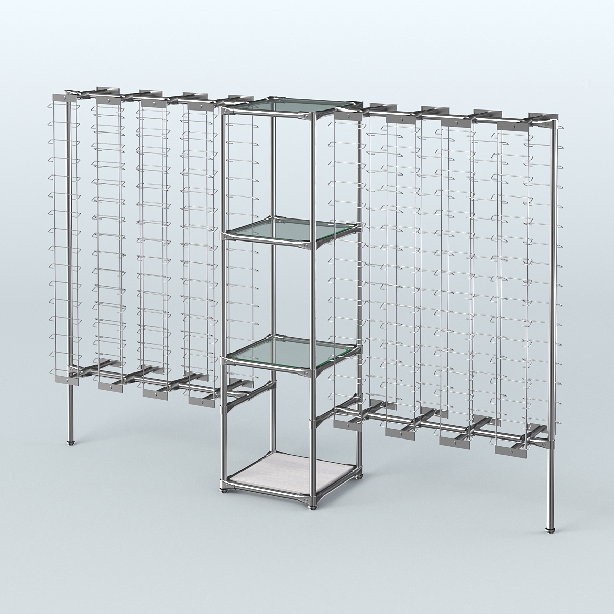 Хромированный стенд для продажи очков ЛИНИЯ №2-1-Д24 с полками стекло 6 мм Ясень Анкор светлый
