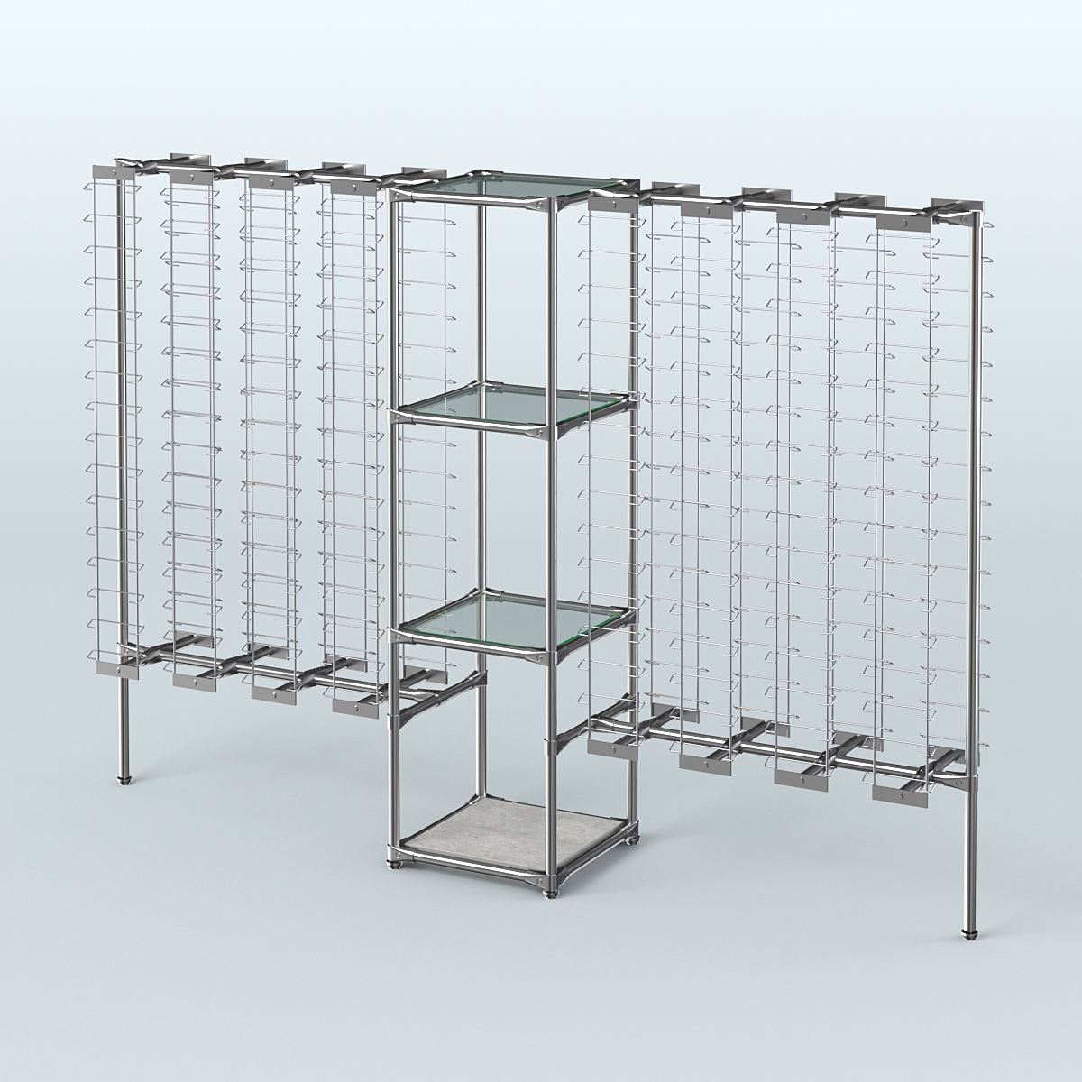 Хромированный стенд для продажи очков ЛИНИЯ №2-1-Д24 с полками стекло 6 мм Метрополитан Грей