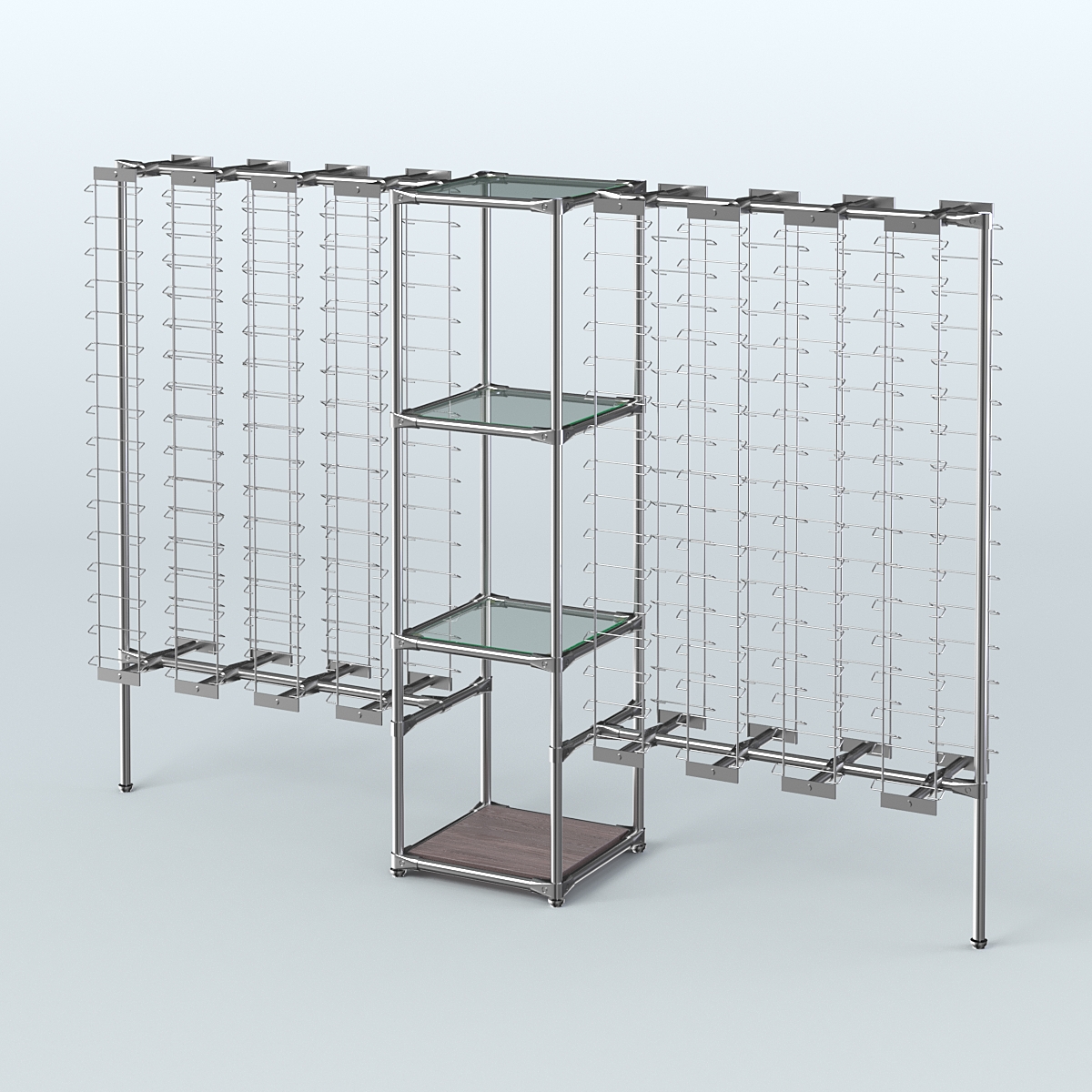 Хромированный стенд для продажи очков ЛИНИЯ №2-1-Д24 с полками стекло 6 мм Ясень Анкор темный
