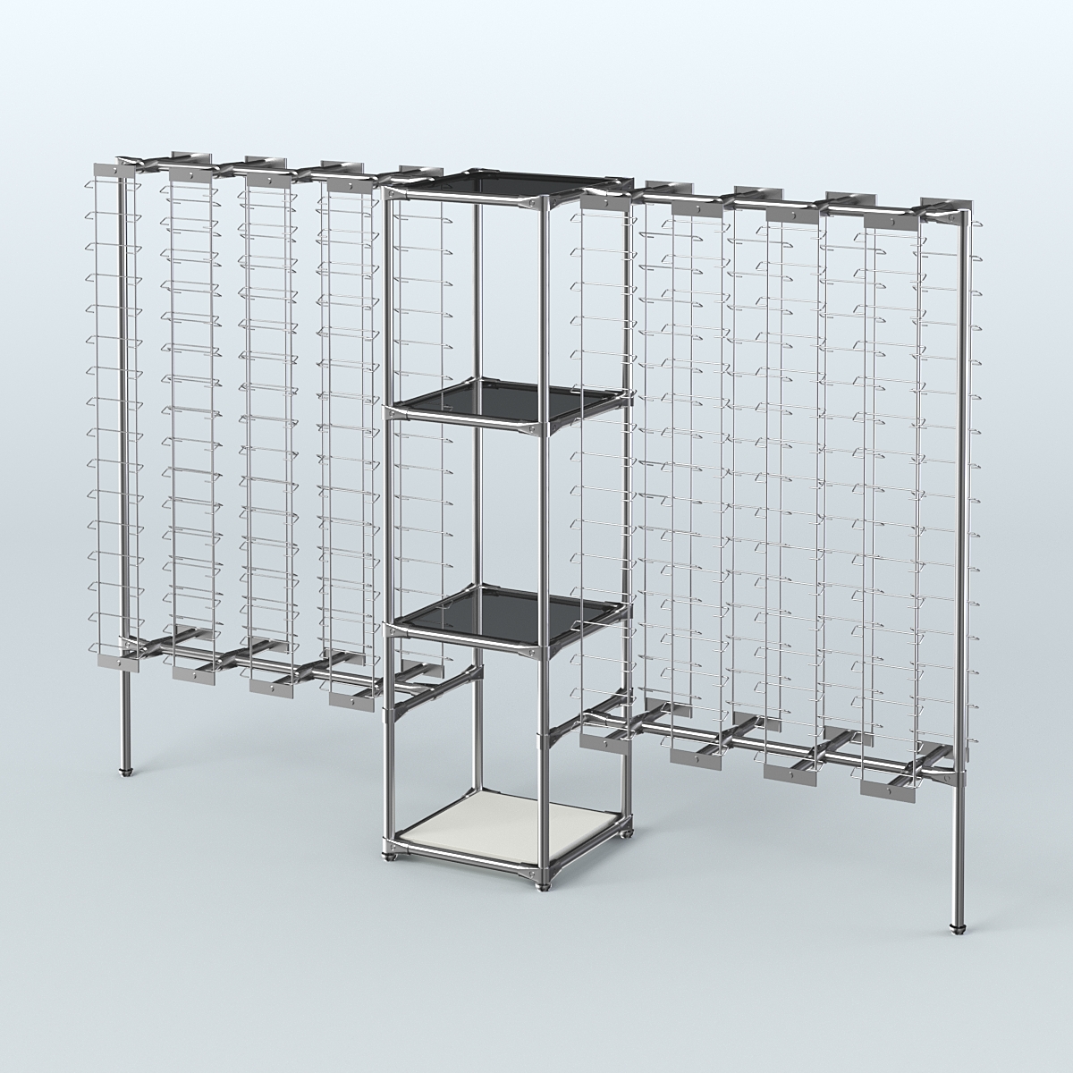 Хромированный стенд для продажи очков ЛИНИЯ №2-2-Д24 с тонированными полками стекло 8 мм Белый