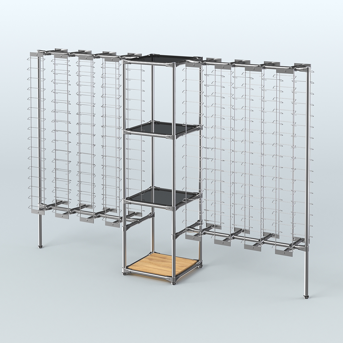 Хромированный стенд для продажи очков ЛИНИЯ №2-2-Д24 с тонированными полками стекло 8 мм Дуб Золотистый