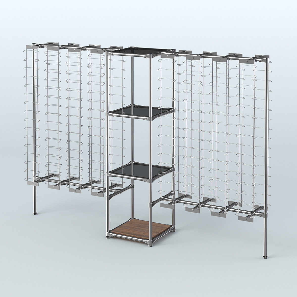 Хромированный стенд для продажи очков ЛИНИЯ №2-2-Д24 с тонированными полками стекло 8 мм Орех