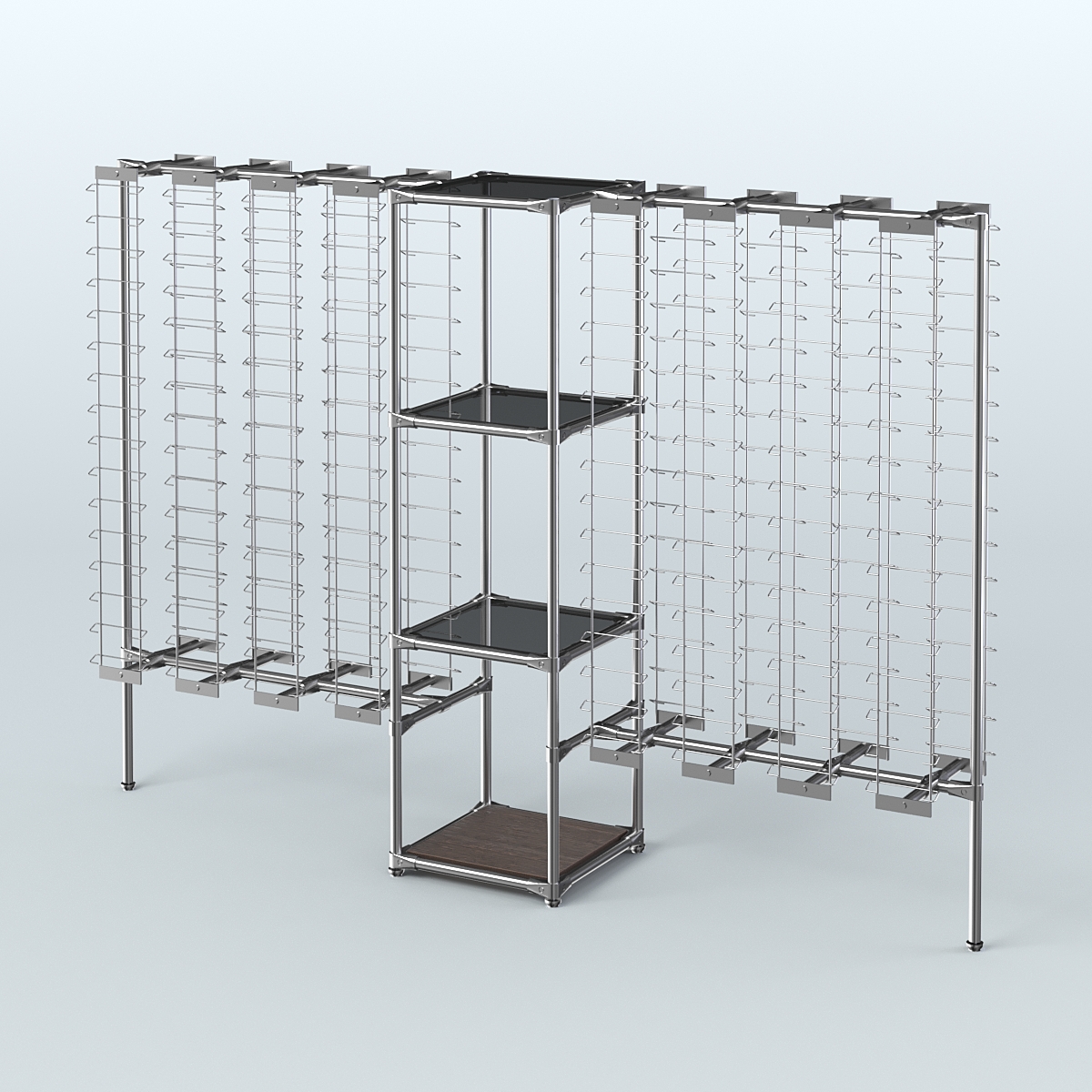 Хромированный стенд для продажи очков ЛИНИЯ №2-2-Д24 с тонированными полками стекло 8 мм Дуб Венге