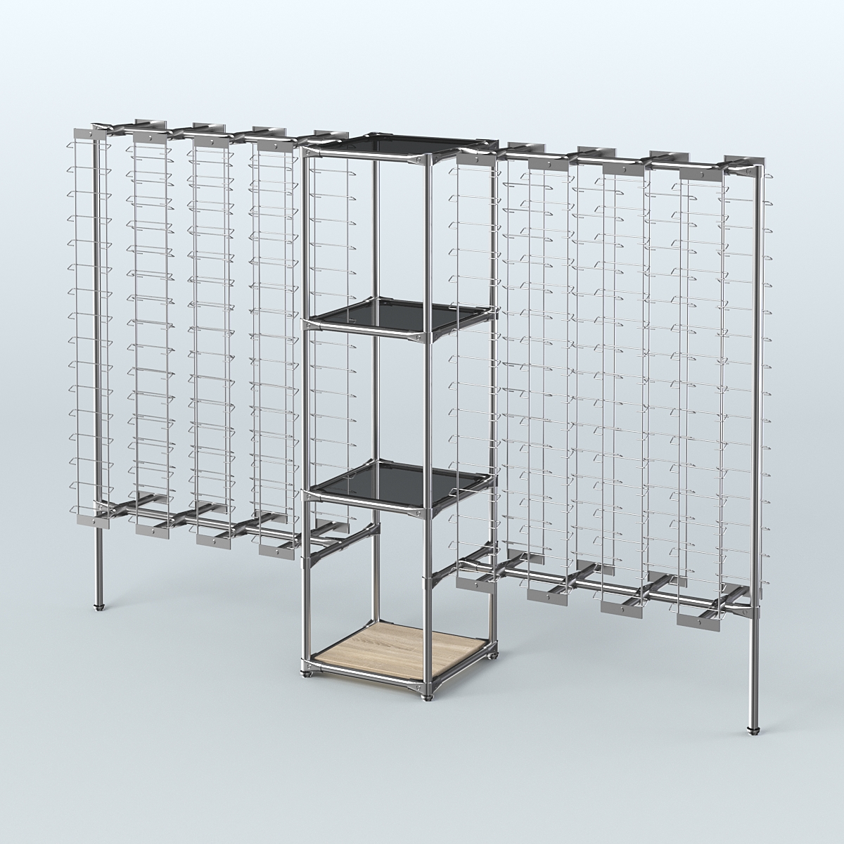 Хромированный стенд для продажи очков ЛИНИЯ №2-2-Д24 с тонированными полками стекло 8 мм Дуб сонома