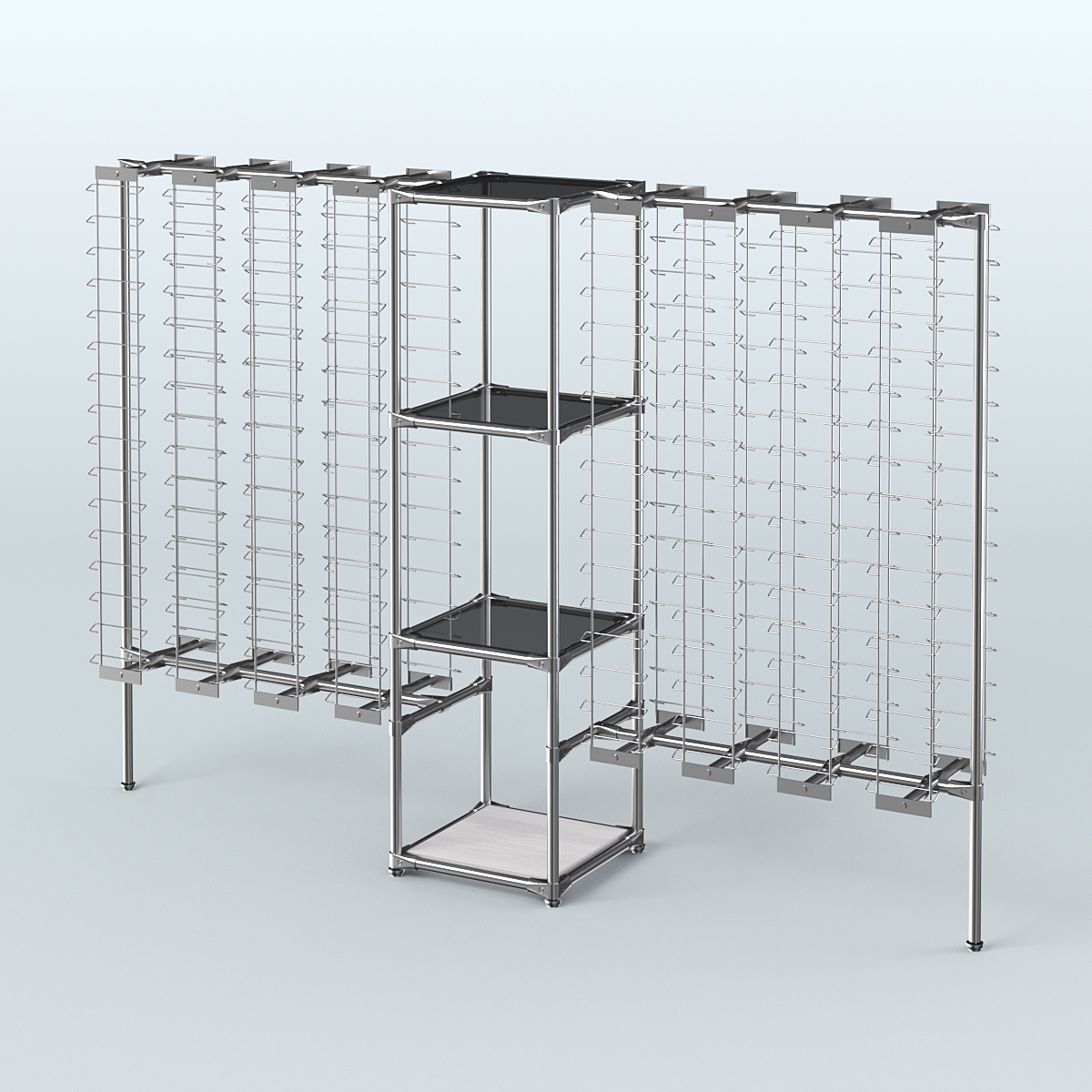 Хромированный стенд для продажи очков ЛИНИЯ №2-2-Д24 с тонированными полками стекло 8 мм Ясень Анкор светлый