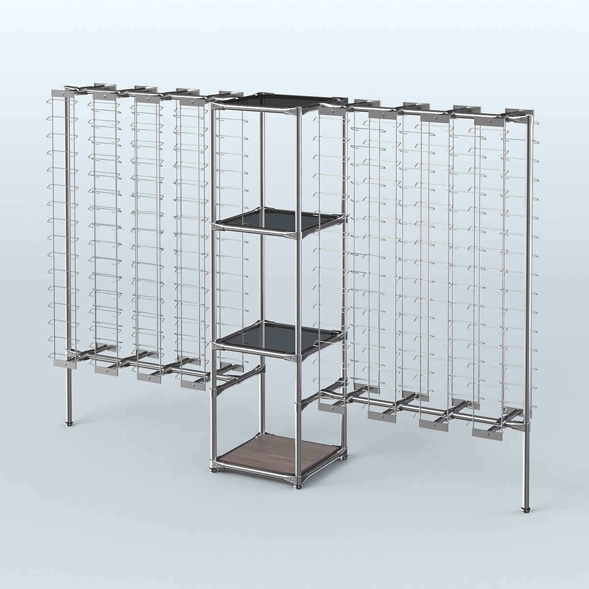 Хромированный стенд для продажи очков ЛИНИЯ №2-2-Д24 с тонированными полками стекло 8 мм Ясень Анкор темный