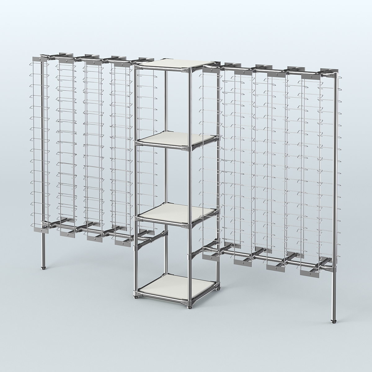 Хромированный стенд для продажи очков ЛИНИЯ №2-3-Д24 с полками ДСП 16 мм Белый