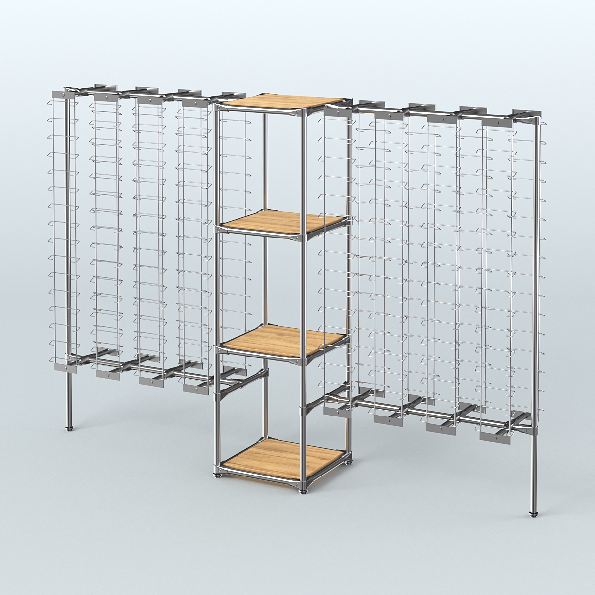 Хромированный стенд для продажи очков ЛИНИЯ №2-3-Д24 с полками ДСП 16 мм Дуб Золотистый