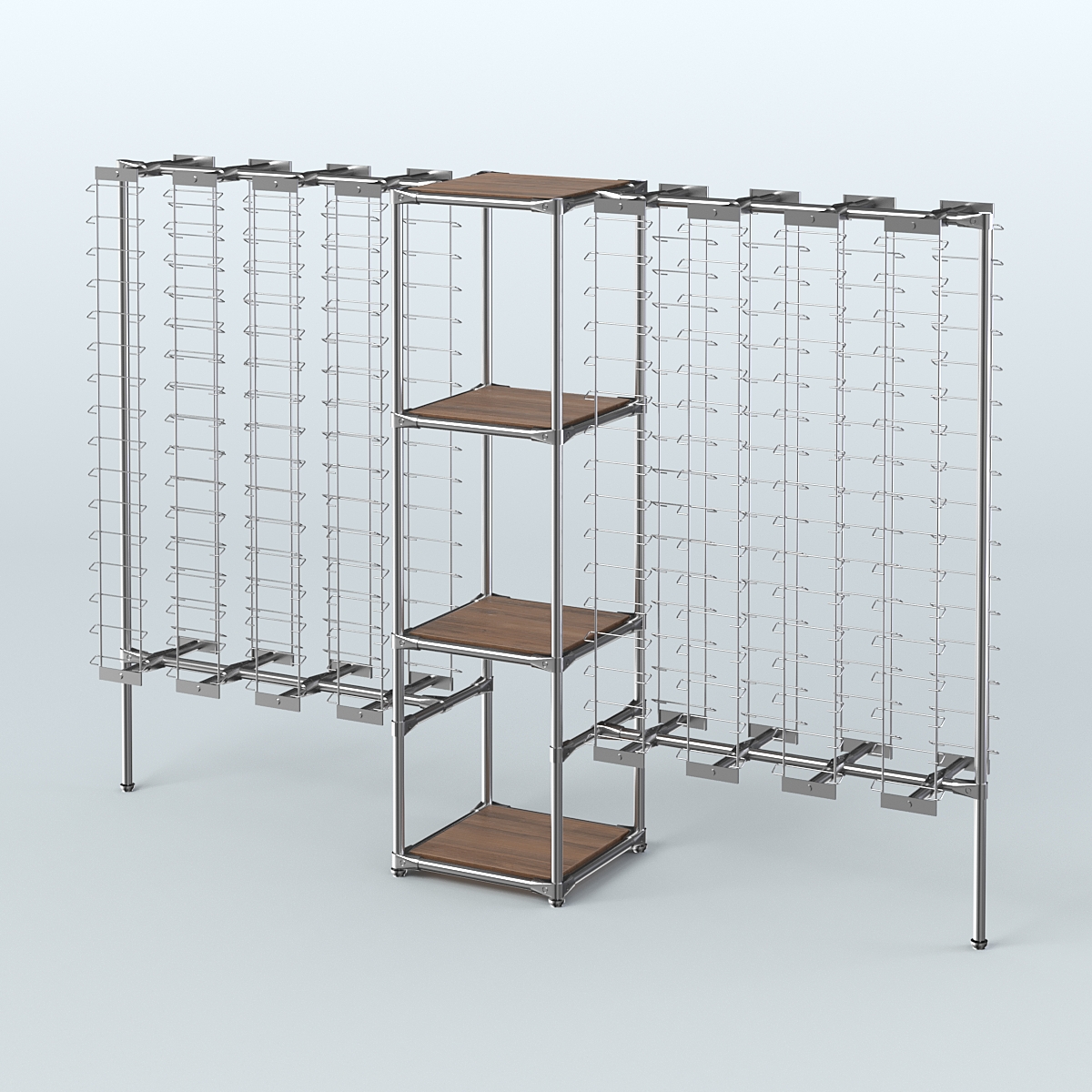 Хромированный стенд для продажи очков ЛИНИЯ №2-3-Д24 с полками ДСП 16 мм Орех