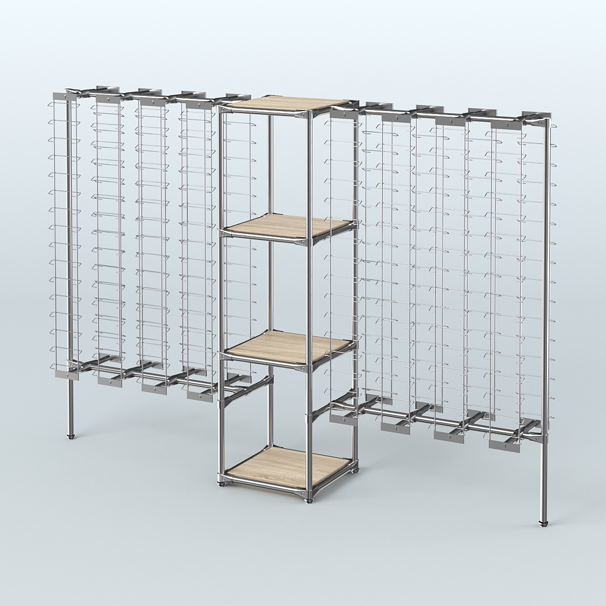 Хромированный стенд для продажи очков ЛИНИЯ №2-3-Д24 с полками ДСП 16 мм Дуб сонома