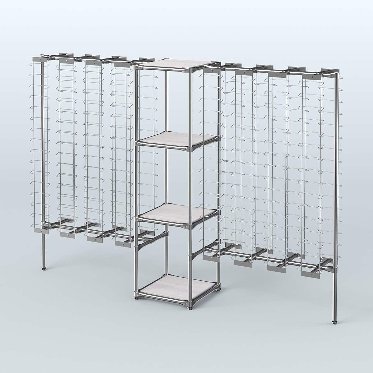 Хромированный стенд для продажи очков ЛИНИЯ №2-3-Д24 с полками ДСП 16 мм Ясень Анкор светлый