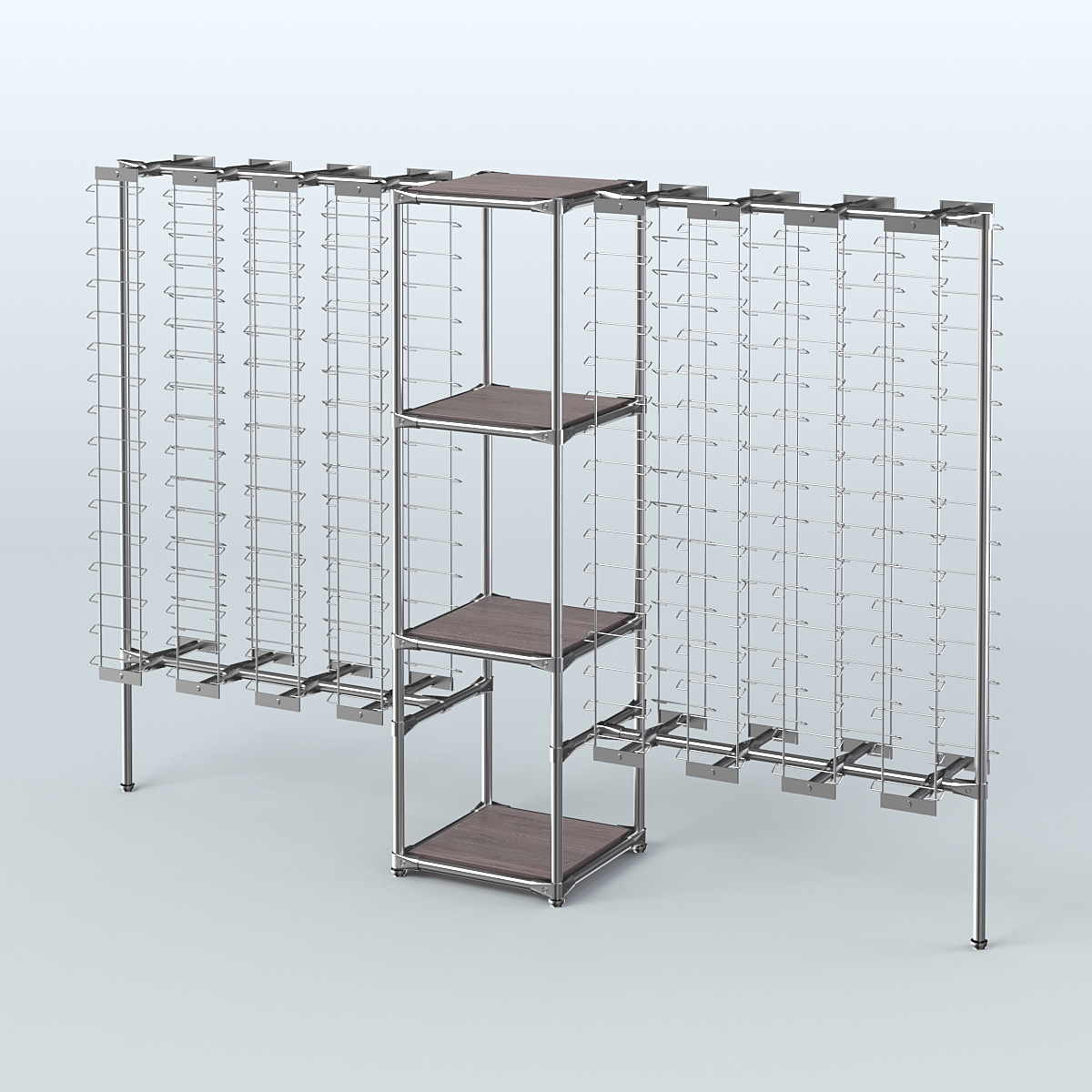 Хромированный стенд для продажи очков ЛИНИЯ №2-3-Д24 с полками ДСП 16 мм Ясень Анкор темный