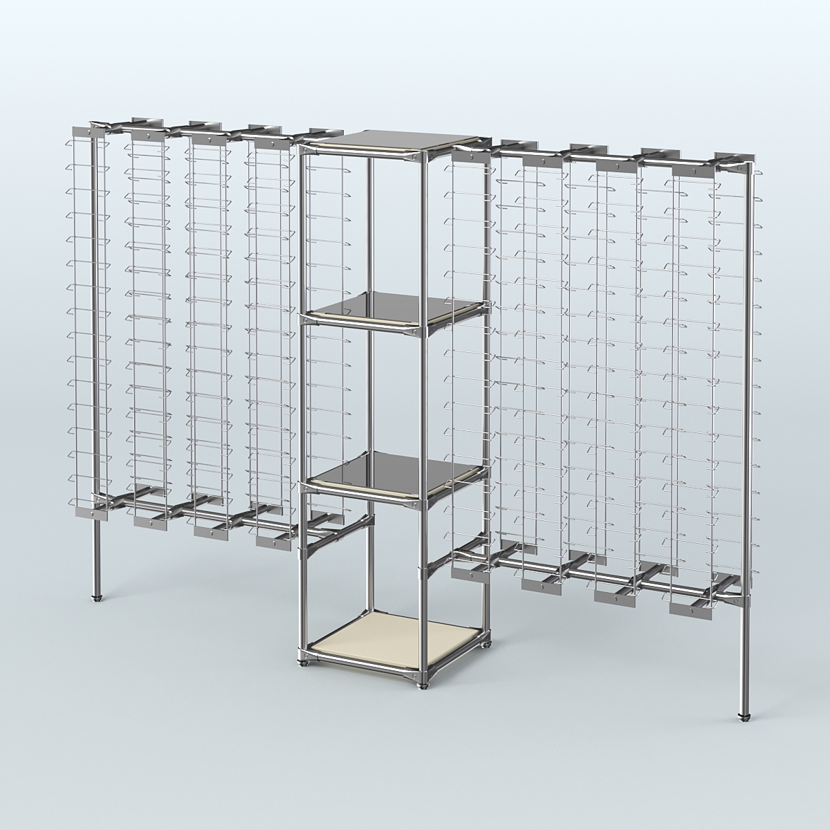 Хромированный стенд для продажи очков ЛИНИЯ №2-4-Д24 с зеркальными полками 4 мм Крем Вайс