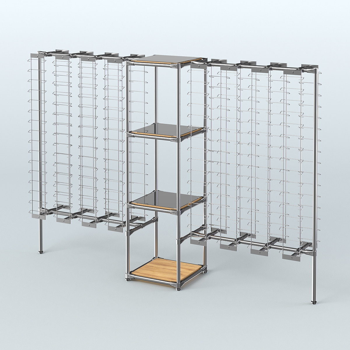 Хромированный стенд для продажи очков ЛИНИЯ №2-4-Д24 с зеркальными полками 4 мм Дуб Золотистый