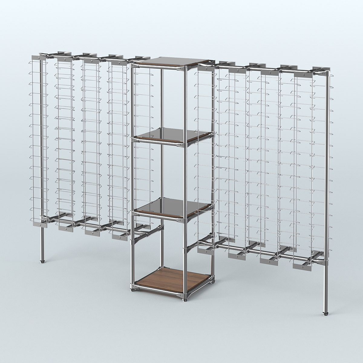 Хромированный стенд для продажи очков ЛИНИЯ №2-4-Д24 с зеркальными полками 4 мм Орех