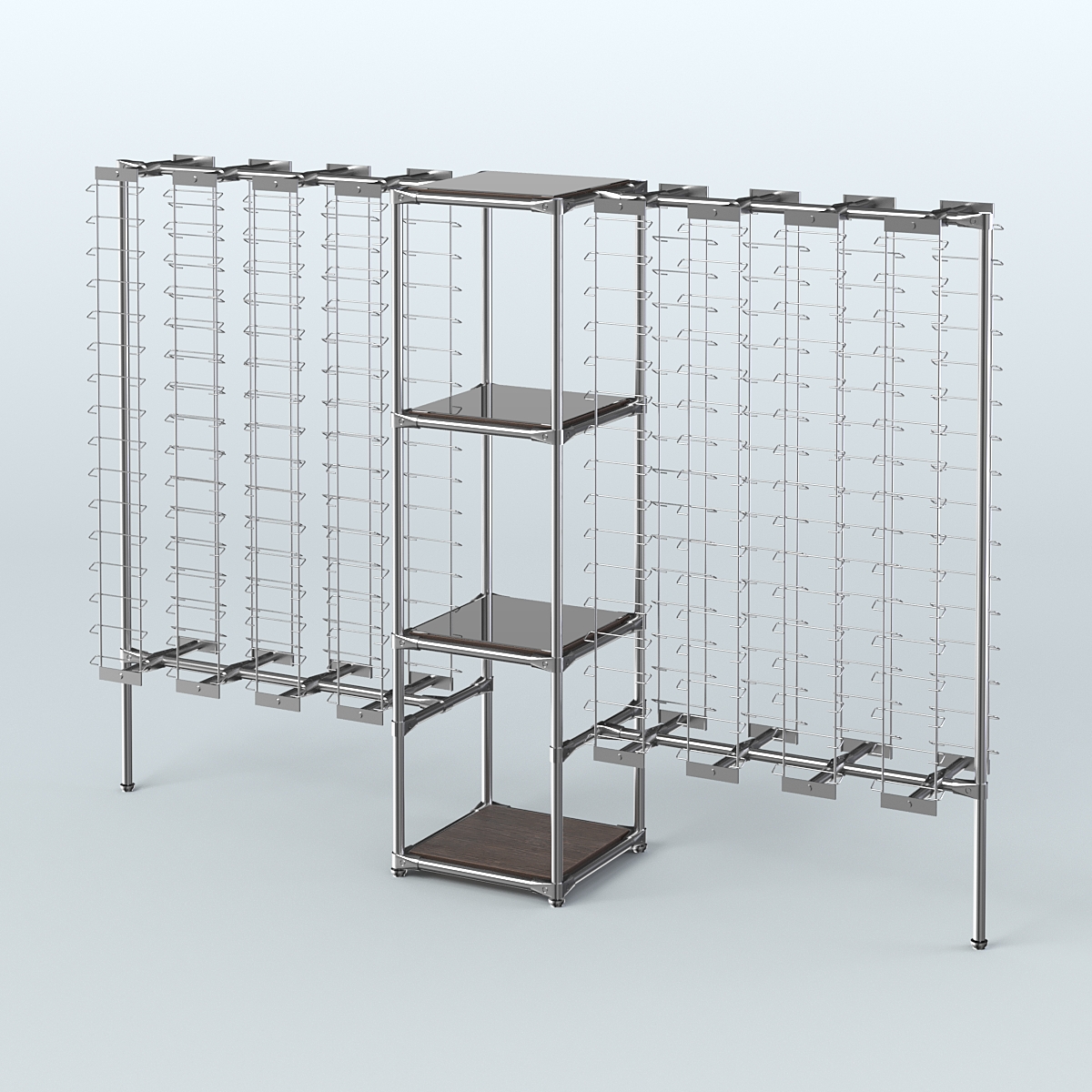 Хромированный стенд для продажи очков ЛИНИЯ №2-4-Д24 с зеркальными полками 4 мм Дуб Венге