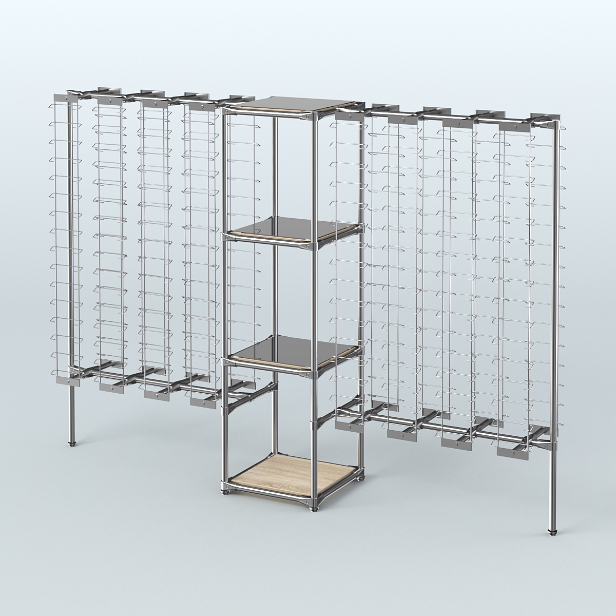 Хромированный стенд для продажи очков ЛИНИЯ №2-4-Д24 с зеркальными полками 4 мм Дуб сонома