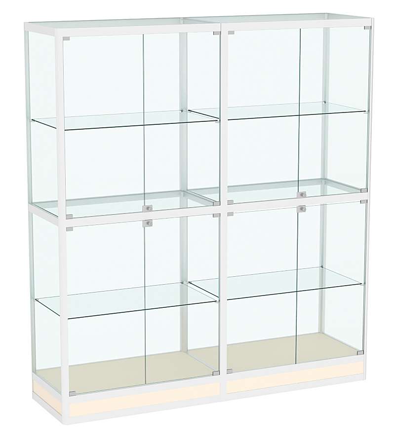 Витрина стеклянная двухсекционная с прозрачной крышкой и подиумом алюминиевая ВСА-8 Крем Вайс