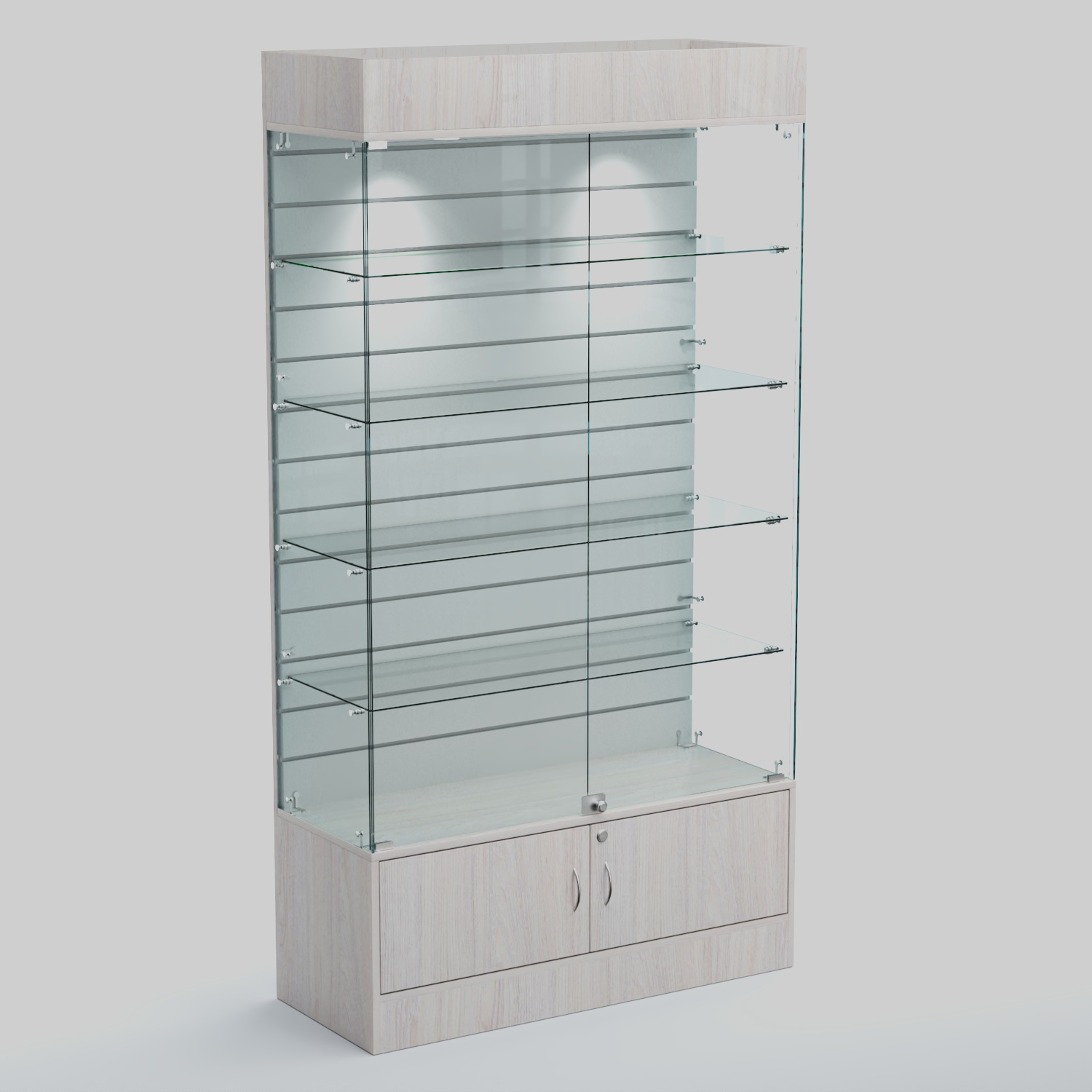 Витрина СЕТЬ №1-П с экономпанелью и полками Ясень Анкор светлый