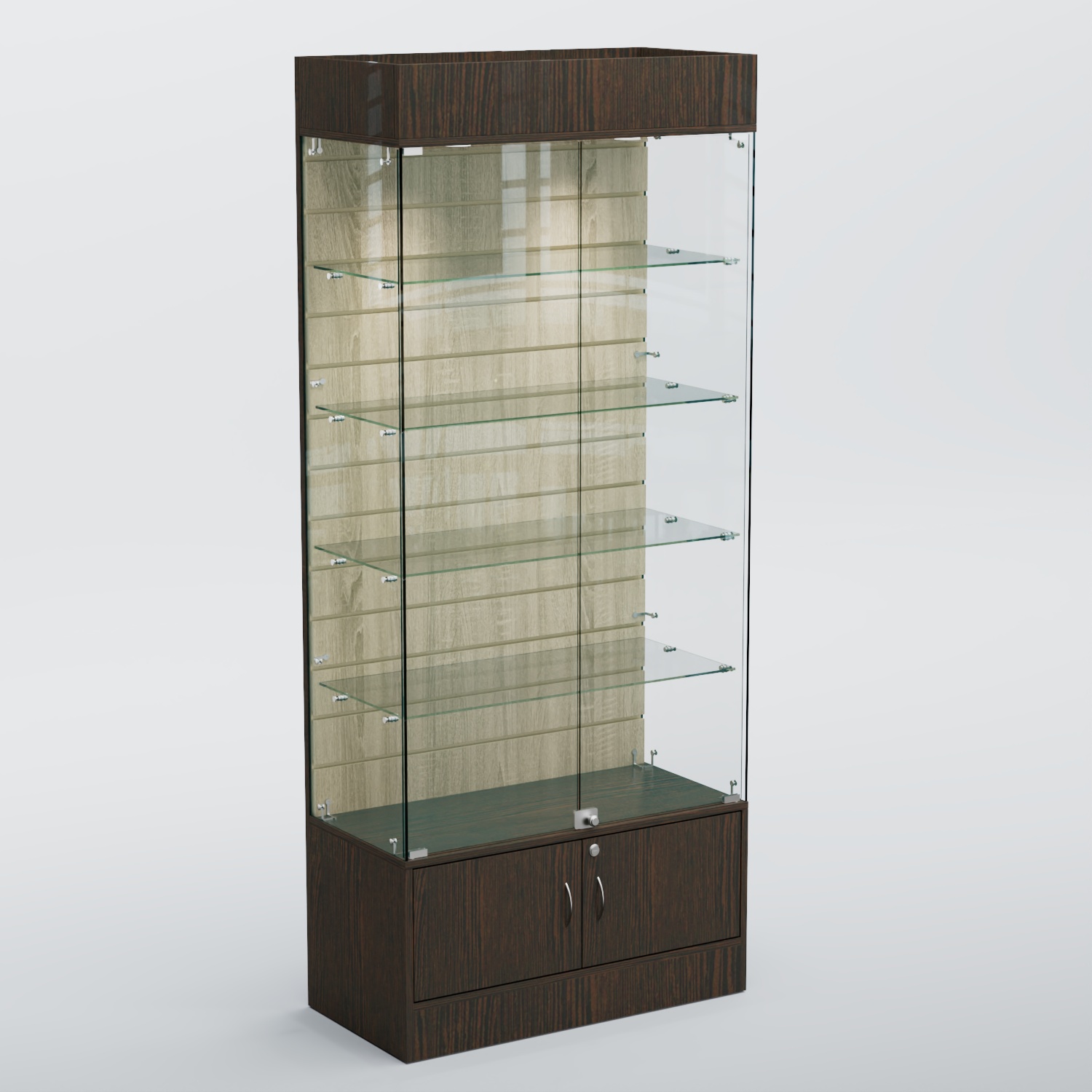 Витрина СЕТЬ №2-П с экономпанелью и полками Дуб Венге и Дуб Сонома