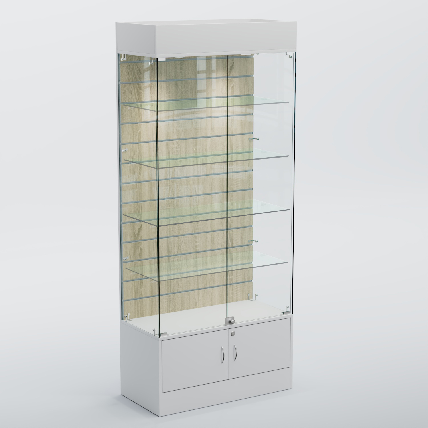 Витрина СЕТЬ №2-П с экономпанелью и полками Белый + Дуб Сонома