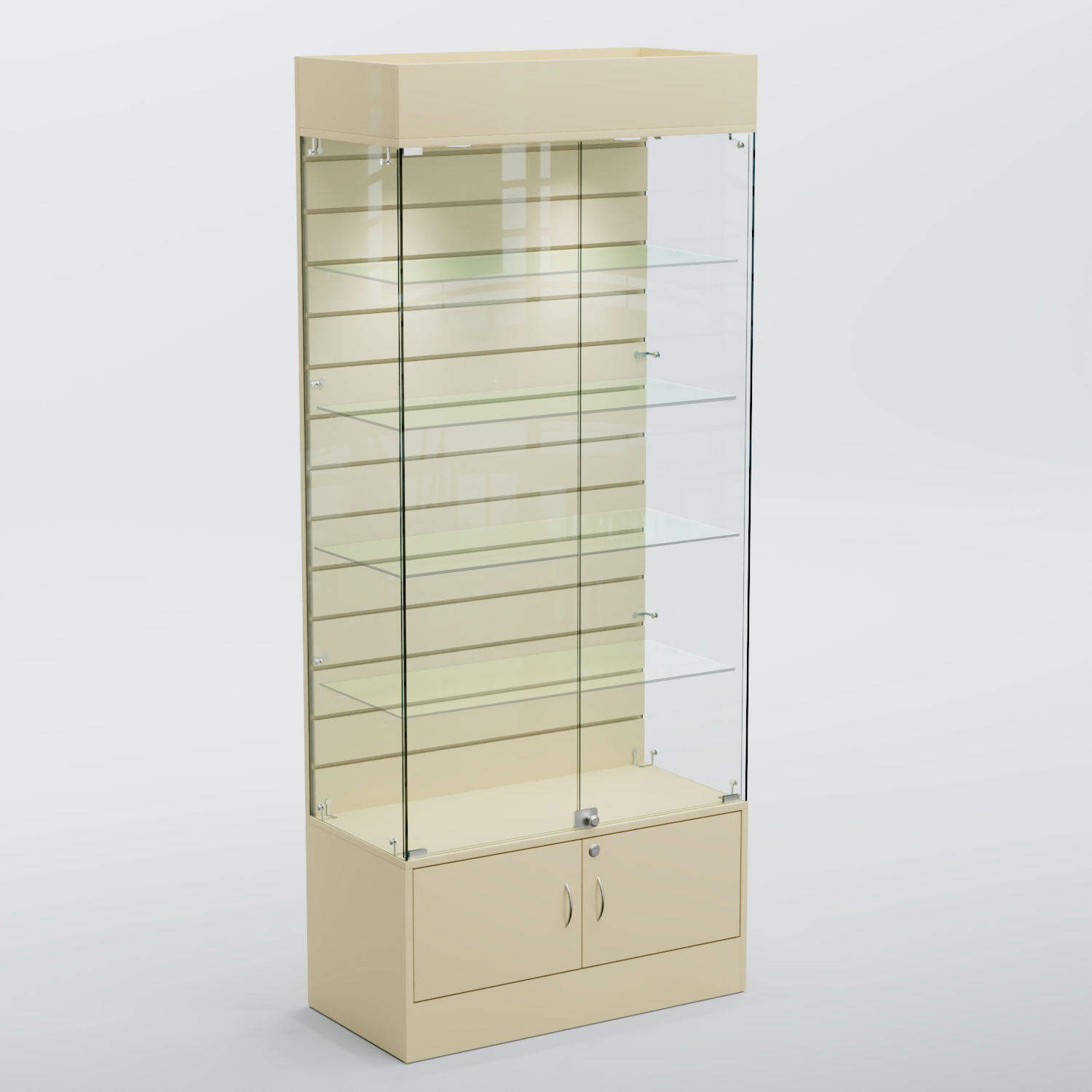 Витрина СЕТЬ №2-П с экономпанелью и полками Крем Вайс