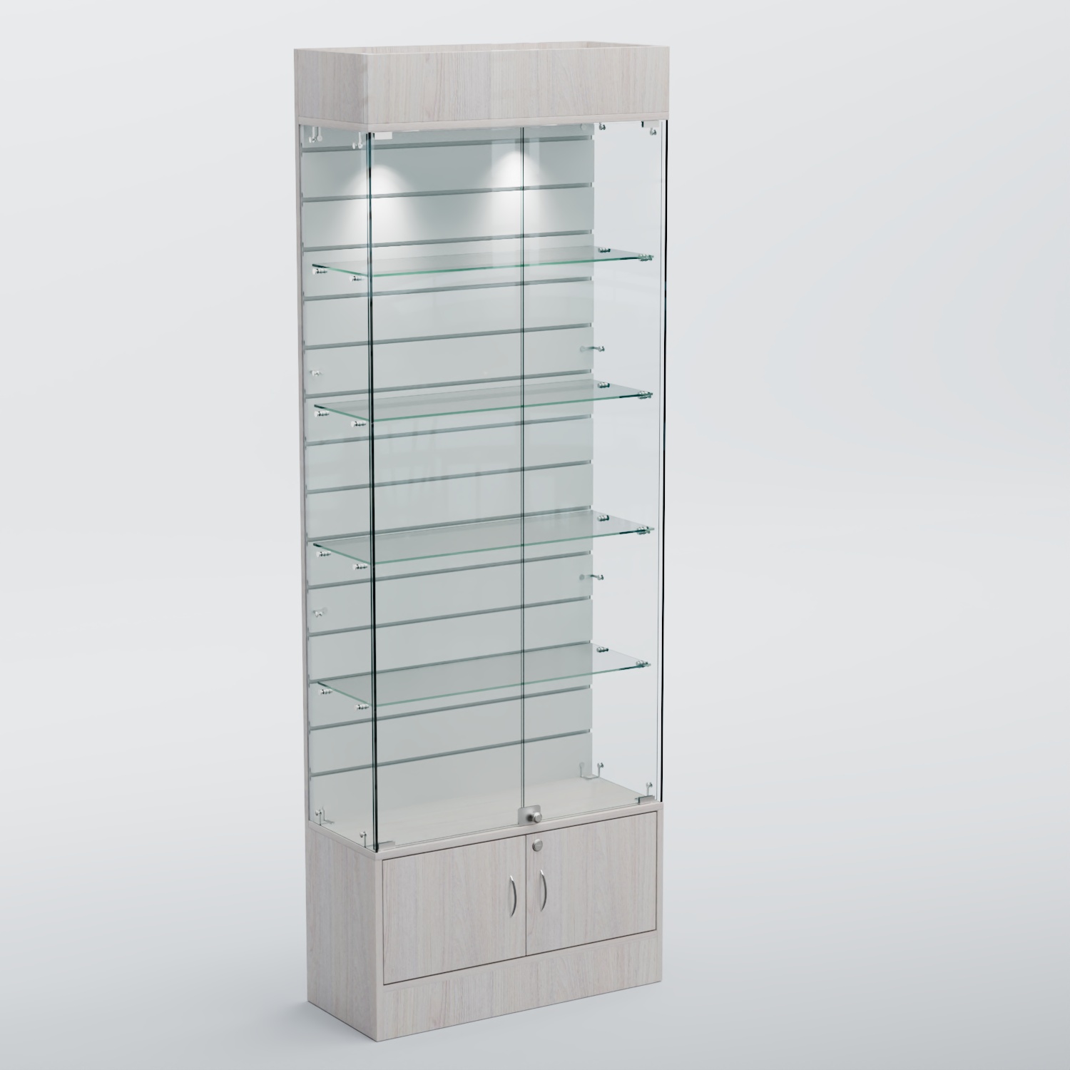 Витрина СЕТЬ №5-П с экономпанелью и полками Ясень Анкор светлый