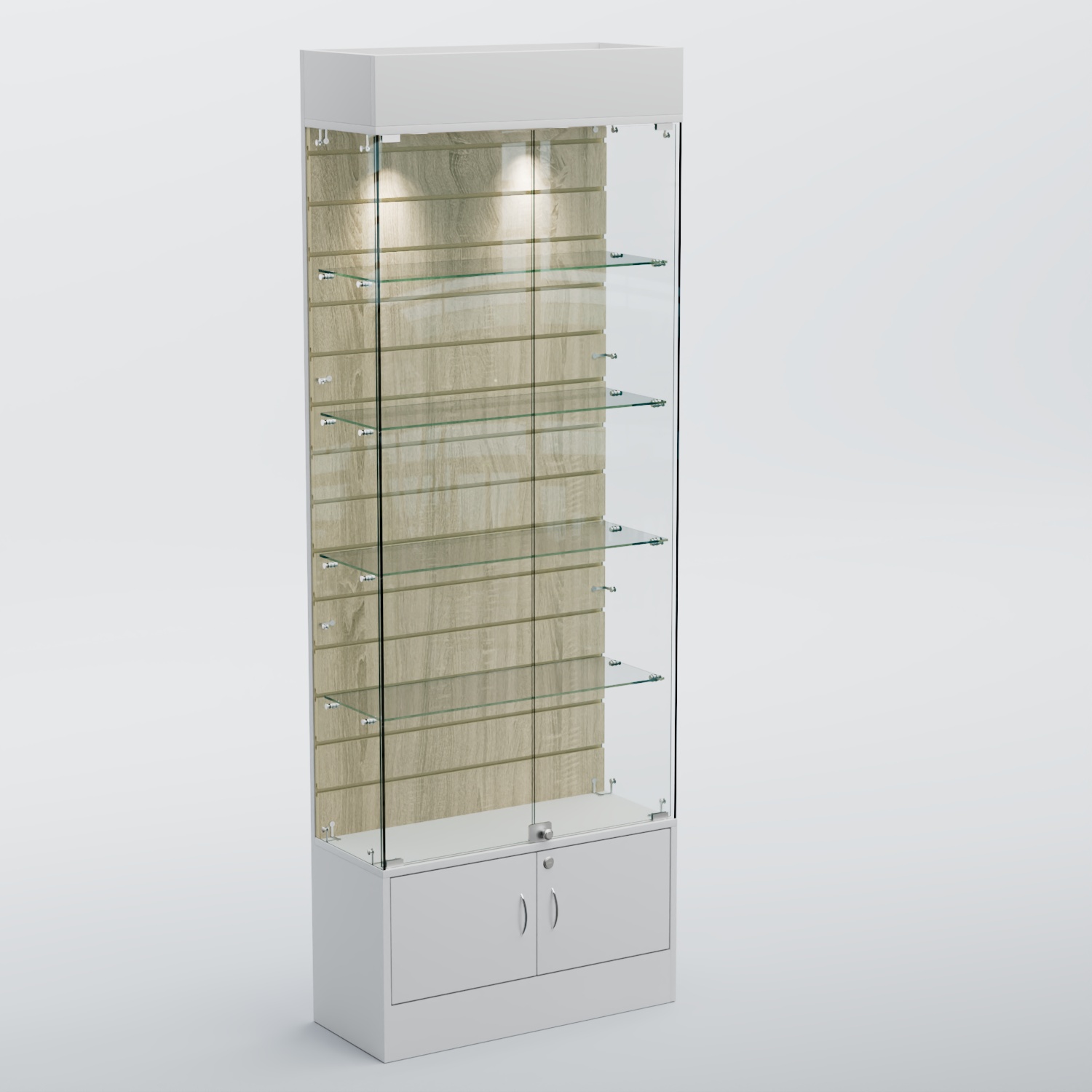 Витрина СЕТЬ №5-П с экономпанелью и полками Белый + Дуб Сонома