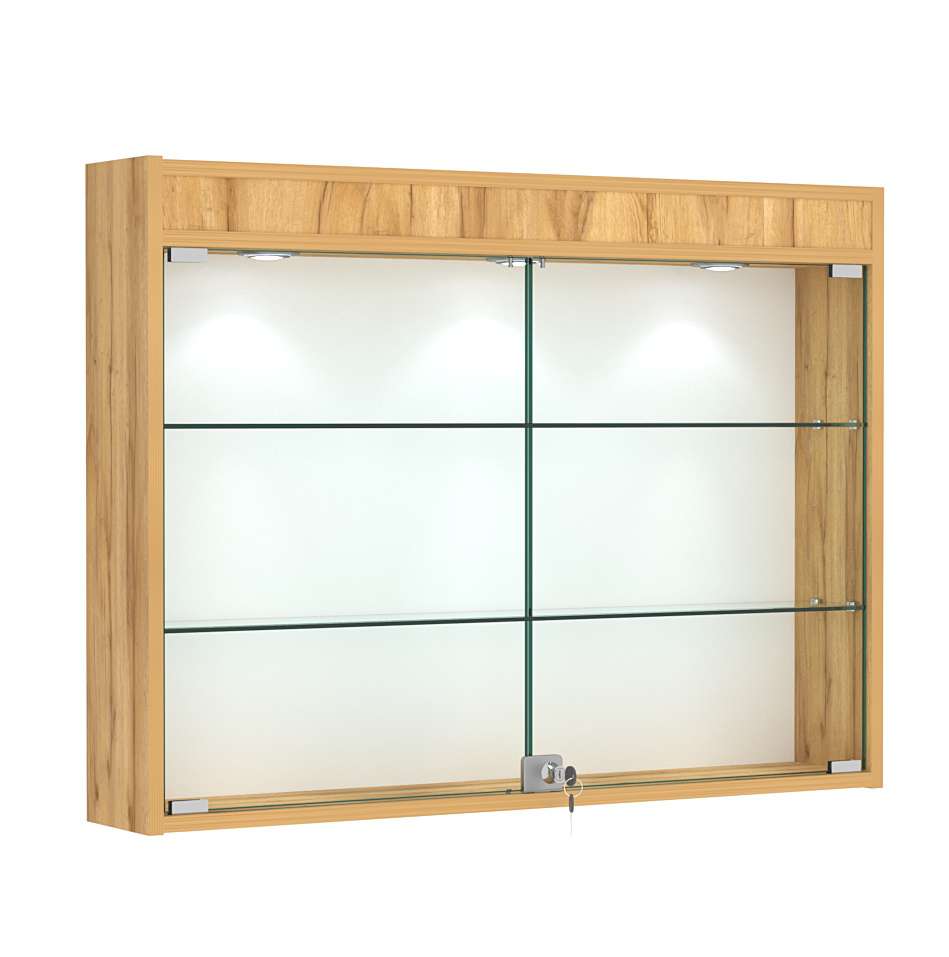 Витрина настенная №3-3А широкая с двумя полками и фризом Дуб Золотистый