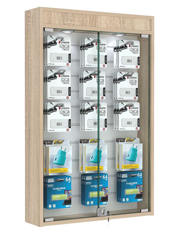 Витрина настенная №2-2Б с эконом панелью и верхней подсветкой Дуб сонома