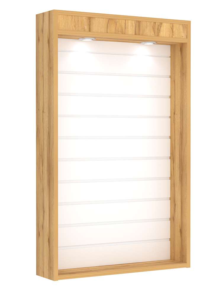 Витрина настенная №2-2В с верхней подсветкой и эконом панелью Дуб Золотистый