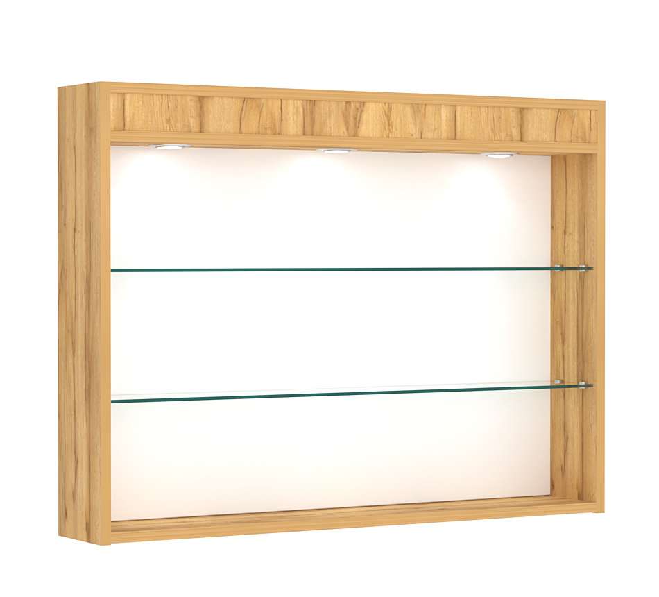 Витрина настенная №3-3Г открытого доступа со стеклянными полками и верхней подсветкой Дуб Золотистый