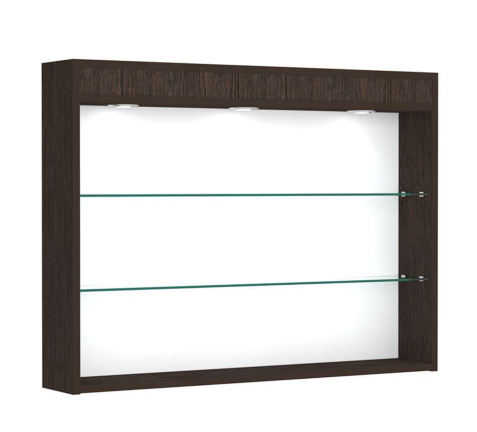 Витрина настенная №3-3Г открытого доступа со стеклянными полками и верхней подсветкой Дуб Венге