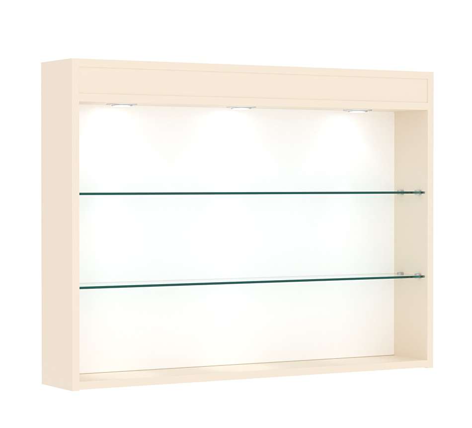 Витрина настенная №3-3Г открытого доступа со стеклянными полками и верхней подсветкой Крем Вайс