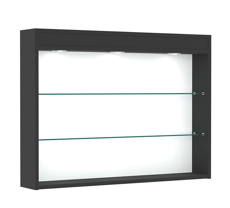 Витрина настенная №3-3Г открытого доступа со стеклянными полками и верхней подсветкой Черный