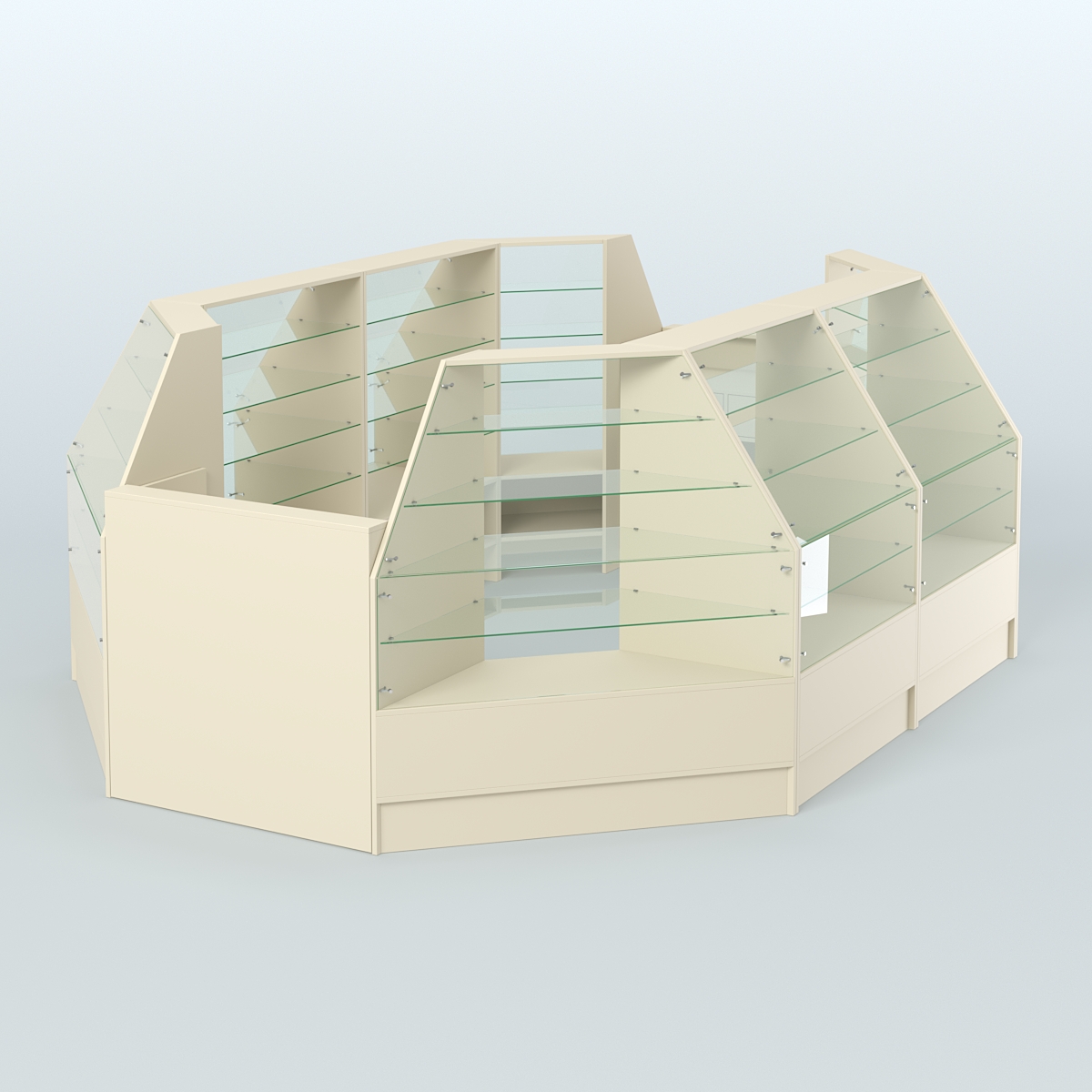 Низкий торговый остров серии Алмаз №3 с двумя кассовыми прилавками Крем Вайс