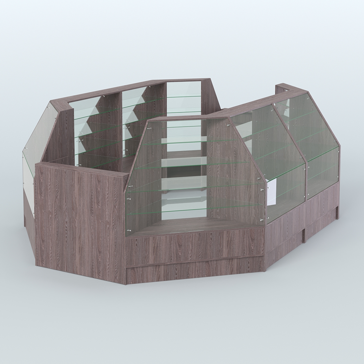 Низкий торговый остров серии Алмаз №3 с двумя кассовыми прилавками Ясень Анкор темный