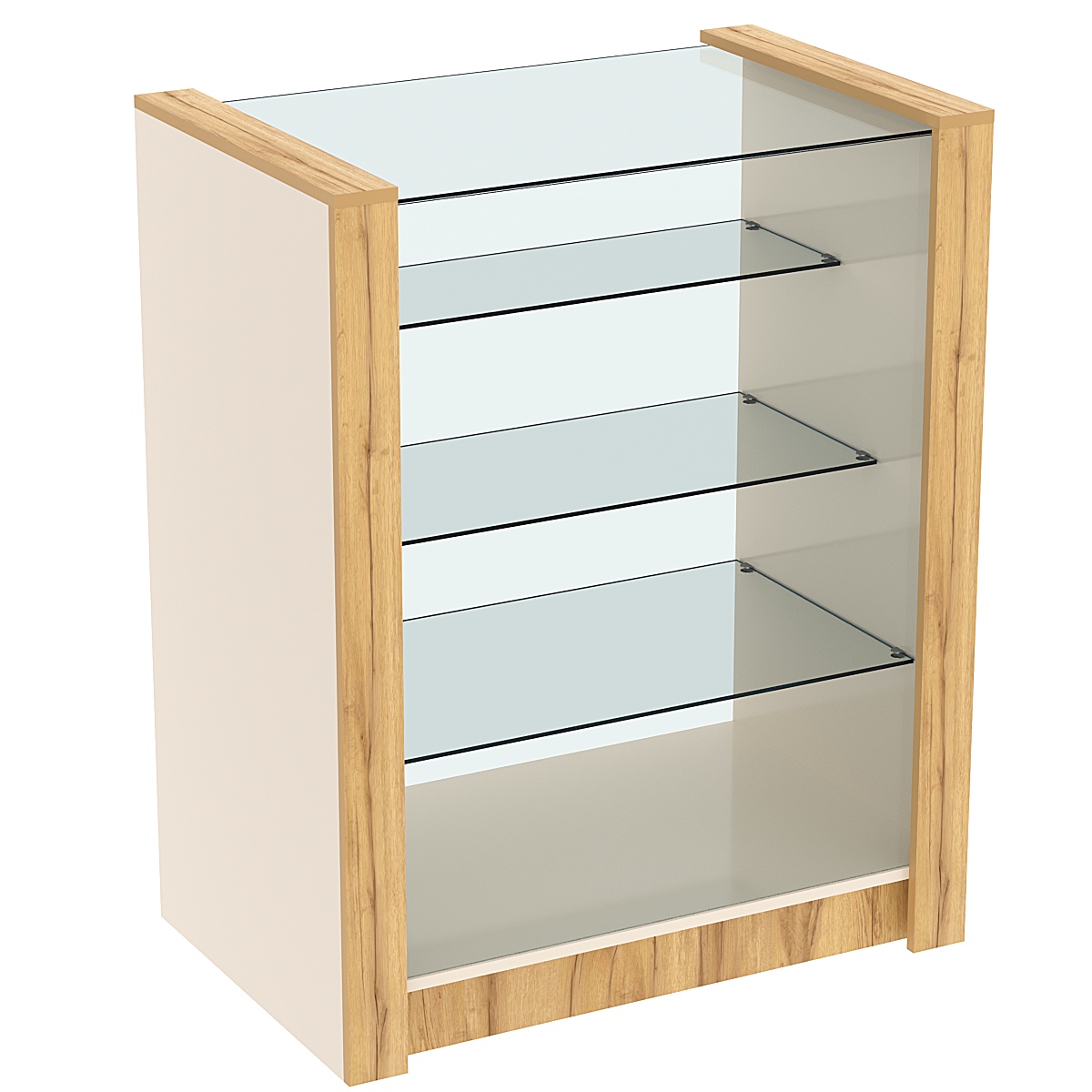 Прилавок из ДСП Модерн №4-900 с тремя полками из стекла Крем Вайс и Дуб Золотистый