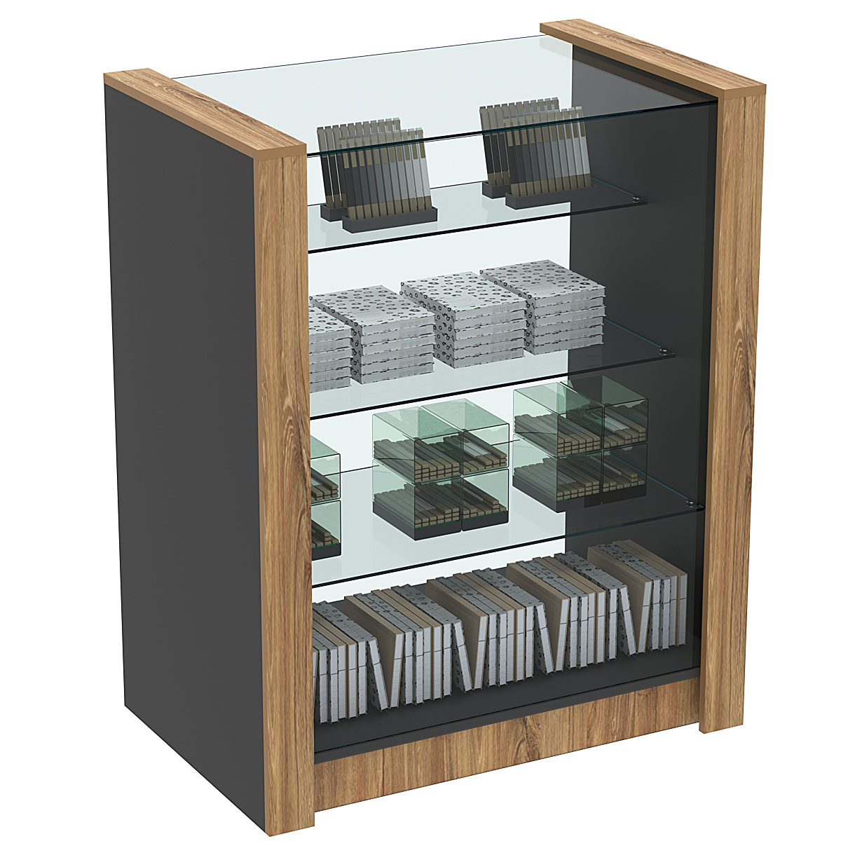 Прилавок из ДСП Модерн №4-900 с тремя полками из стекла Черный + Дуб Канзас коричневый