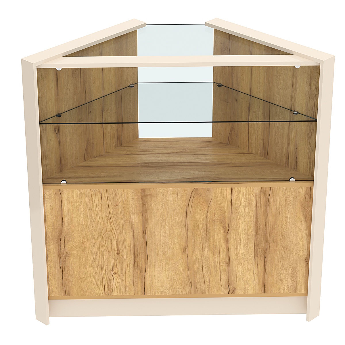 Прилавок из ДСП Модерн №6 угловой с прозрачной полкой Дуб Золотистый и Крем Вайс