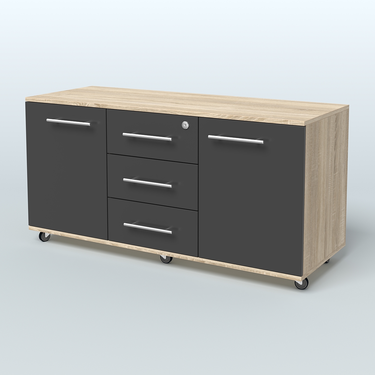 Тумба сервисная Индиго с 3 ящиками с замком и 2 фасадами Дуб Сонома + Черный